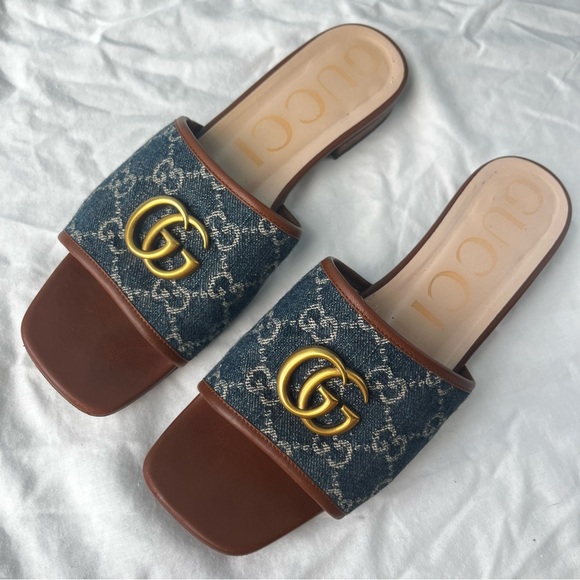 GUCCI Denim Blue Y2K Slides Sandlas Monogram Marmont Summer Sz. 39 - Picture 2 of 10